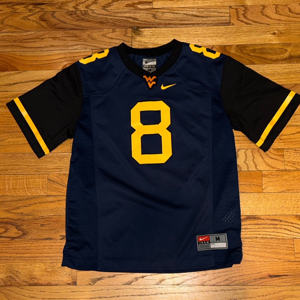Team Nike Kids #8 West Virginia Mountaineers Dark Blue & Yellow Jersey size Med